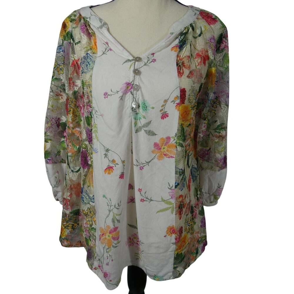 Valerie Stevens Women's S Floral Blouse Sheer Mesh 3/4 Sleeves Peasant